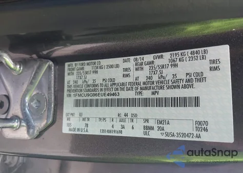 2014 Ford Escape Se из США, поврежденный, VIN 1FMCU9G96EUE49463